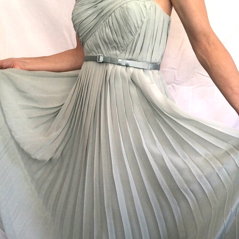 BHLDN light blue one shoulder pleated chiffon belt dress size 2